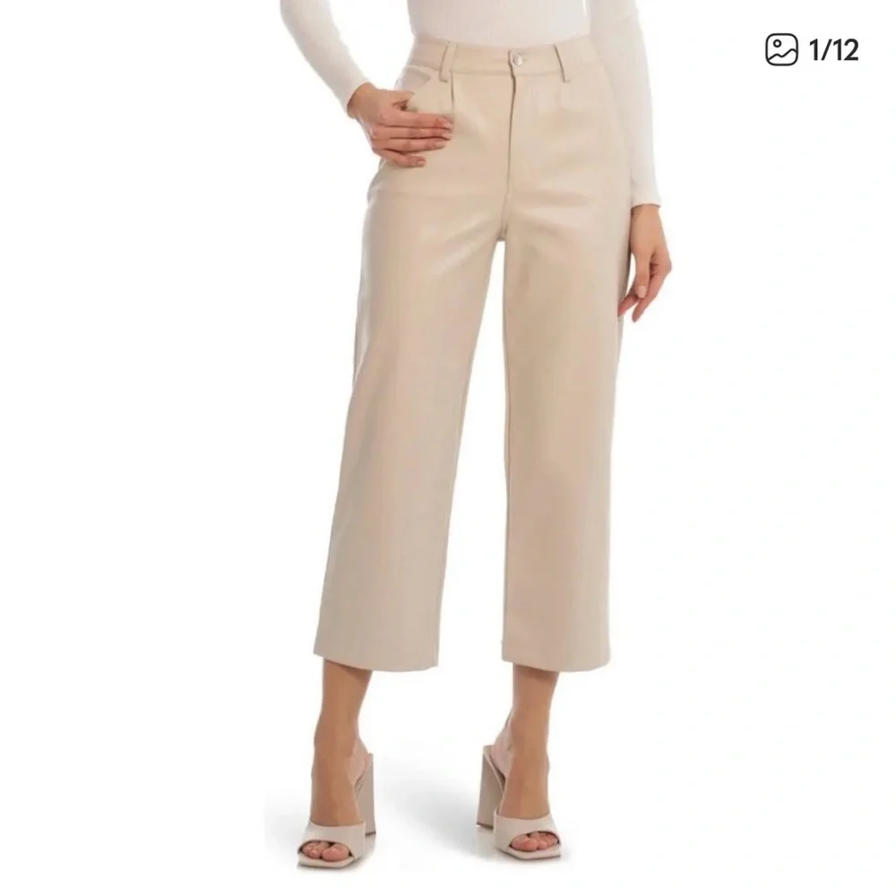 Avec Les Filles Cream Faux Leather Straight Leg Cropped Pants S